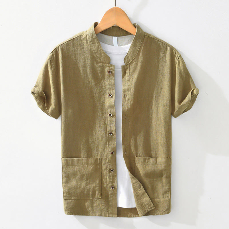 Buddha Stones Casual Buttons Design Stehkragen Herren Kurzarm Baumwoll-Leinenhemd mit Taschen - Gelbgrün - US/ UK/AU42, EU52 (3XL) - image 12