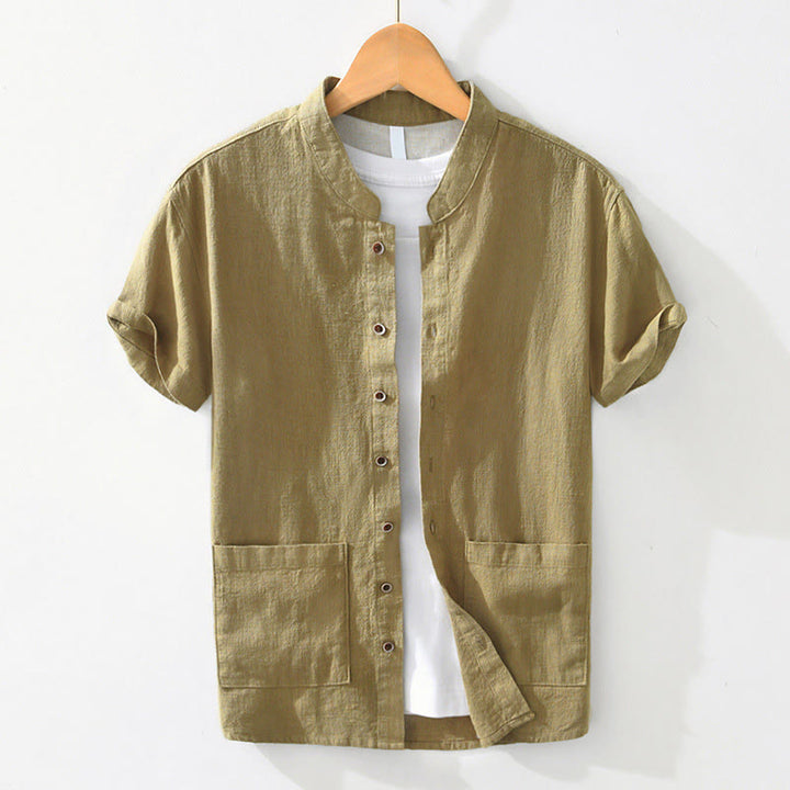 Buddha Stones Casual Buttons Design Stehkragen Herren Kurzarm Baumwoll-Leinenhemd mit Taschen - Gelbgrün - US/ UK/AU42, EU52 (3XL) - image 12