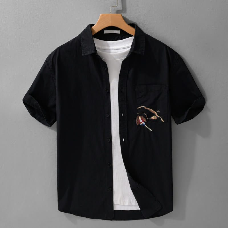 Buddha Stones Stickerei Match Flammenmuster Revers Herren Kurzarm Baumwollhemd mit Tasche - Schwarz - US/ UK/AU42，EU52 (3XL) - image 10