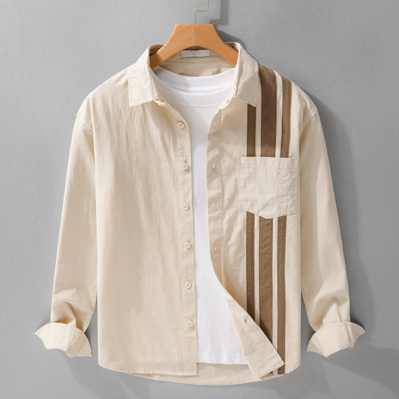 Buddha Stones Fall Revers Farbkontrast Patchwork Design Herren Langarm Baumwollhemd mit Tasche - Beige - US/ UK/AU42，EU52 (3XL) - image 1