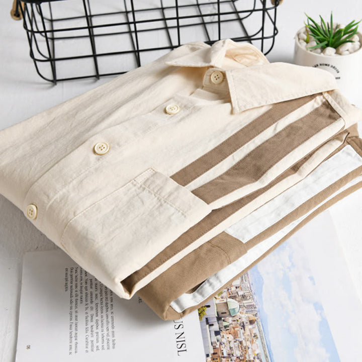 Buddha Stones Fall Revers Farbkontrast Patchwork Design Herren Langarm Baumwollhemd mit Tasche - image 14