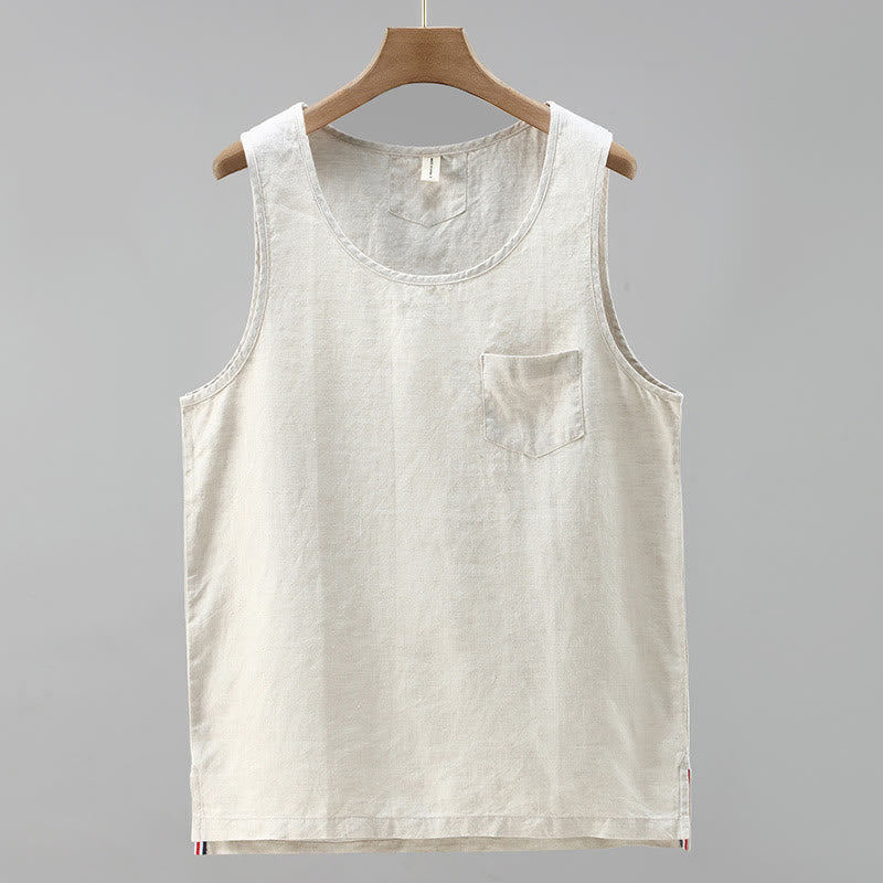 Buddha Stones Sommer Einfarbige Seitenschlitz-Design Ärmellose Herren-Leinenweste - Beige - US/ UK/AU42，EU52 (3XL) - image 0