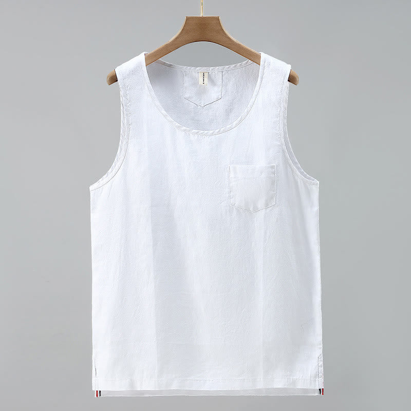 Buddha Stones Sommer Einfarbige Seitenschlitz-Design Ärmellose Herren-Leinenweste - Weiß - US/ UK/AU42, EU52 (3XL) - image 9