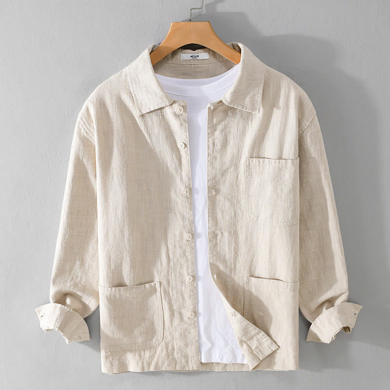 Buddha Stones Commute Fall Einfarbiges Herren-Langarmhemd aus Baumwollleinen mit Revers und Tasche - Beige - US/ UK/AU42，EU52 (3XL) - image 0