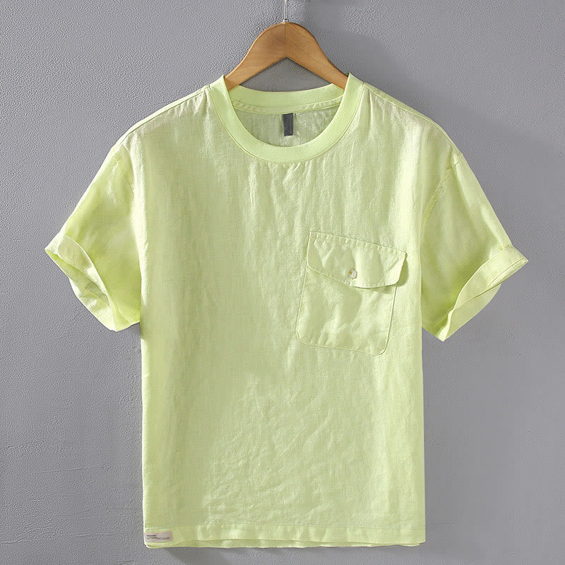 Buddha Stones Herren-Leinenhemd mit Rundhalsausschnitt und schlichtem Design und kurzen Ärmeln und Tasche - GrünGelb - US/ UK/AU42, EU52 (3XL) - image 10