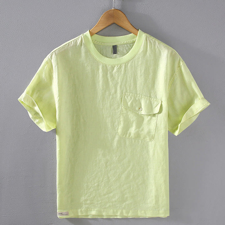 Buddha Stones Herren-Leinenhemd mit Rundhalsausschnitt und schlichtem Design und kurzen Ärmeln und Tasche - GrünGelb - US/ UK/AU42, EU52 (3XL) - image 10