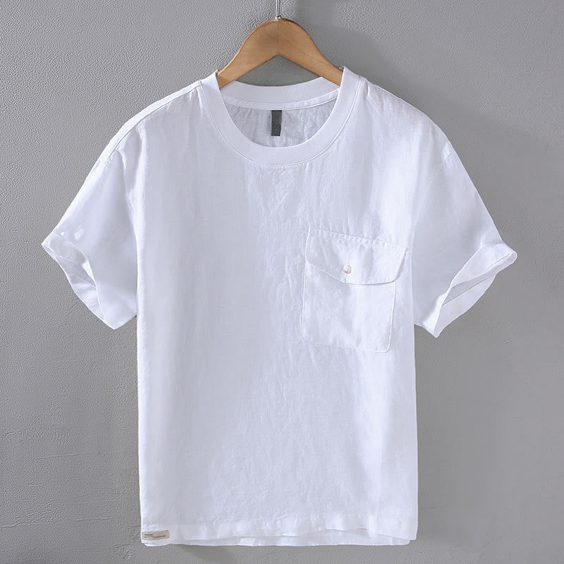 Buddha Stones Herren-Leinenhemd mit Rundhalsausschnitt und schlichtem Design und kurzen Ärmeln und Tasche - Weiß - US/ UK/AU42，EU52 (3XL) - image 12
