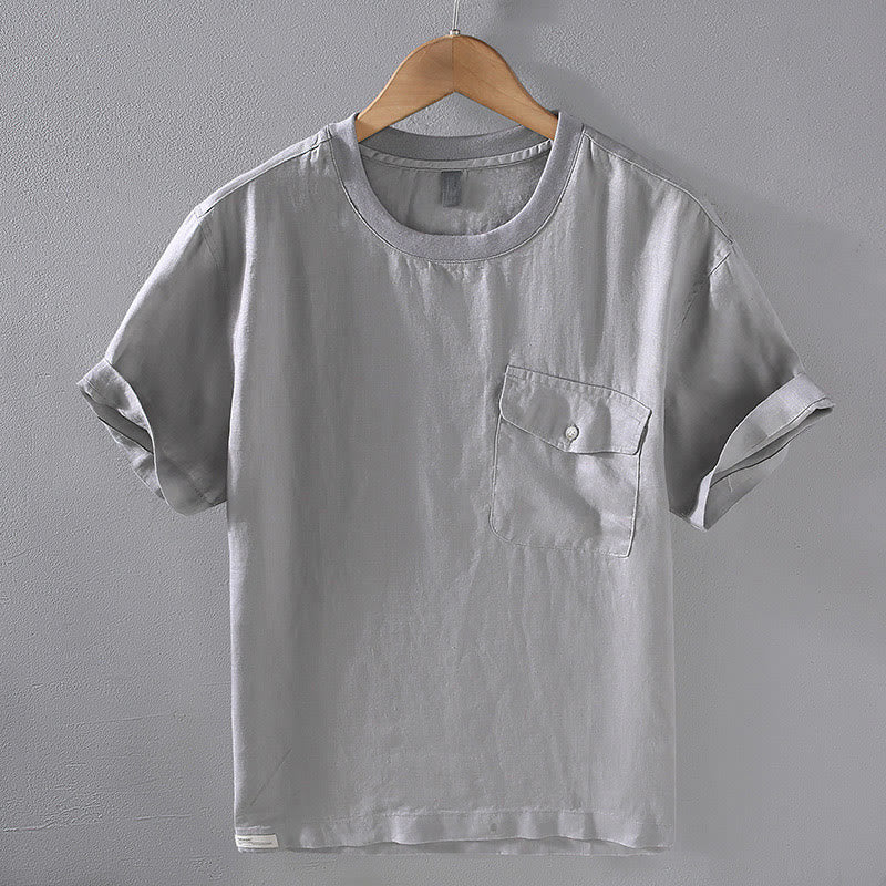 Buddha Stones Herren-Leinenhemd mit Rundhalsausschnitt und schlichtem Design und kurzen Ärmeln und Tasche - Dunkelgrau - US/ UK/AU42，EU52 (3XL) - image 1
