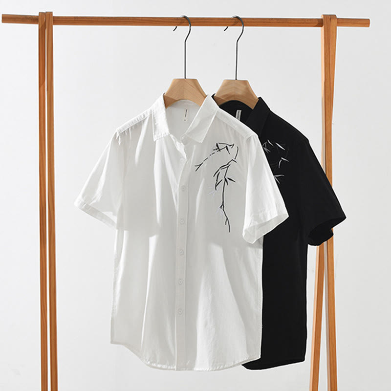 Herren-Baumwollhemd mit Buddha Stones, künstlerischem, schlichtem Design, Stickerei, Bambusmuster, kurzärmelig - image 14