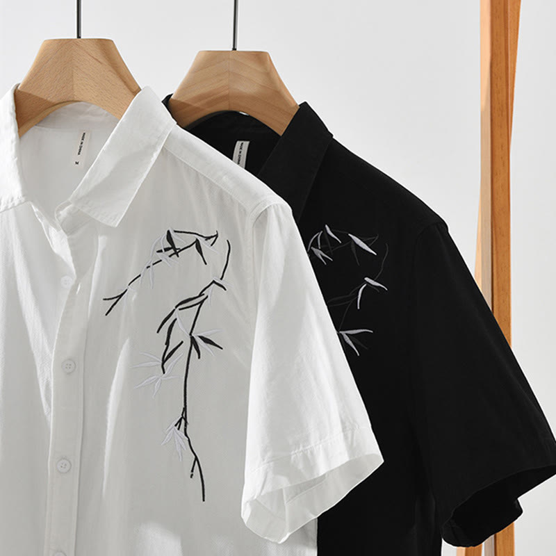 Herren-Baumwollhemd mit Buddha Stones, künstlerischem, schlichtem Design, Stickerei, Bambusmuster, kurzärmelig - image 15