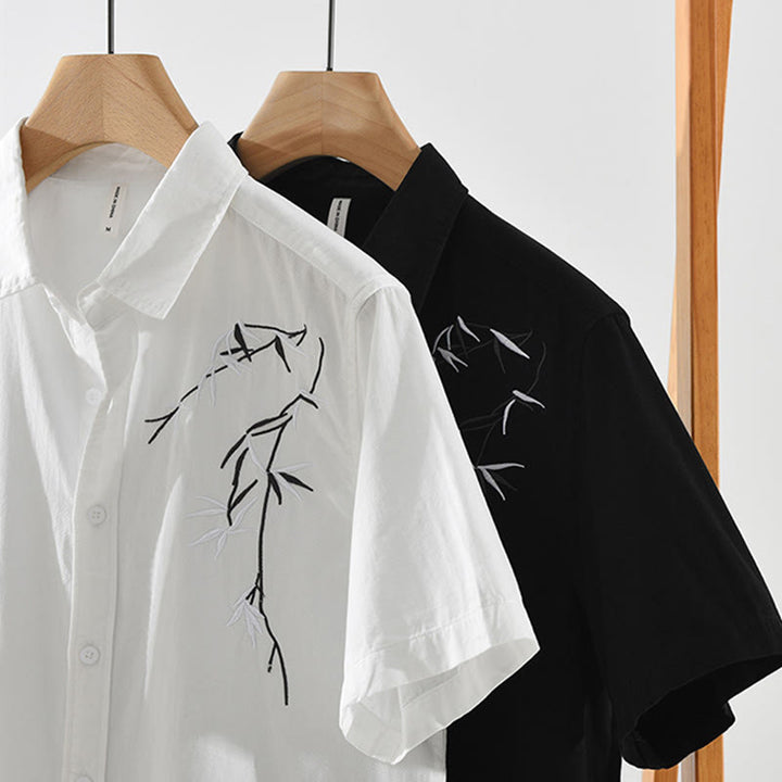 Herren-Baumwollhemd mit Buddha Stones, künstlerischem, schlichtem Design, Stickerei, Bambusmuster, kurzärmelig - image 15