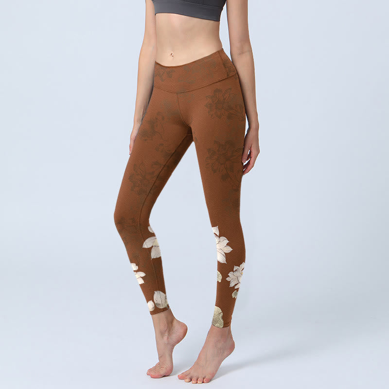 Buddha Stones Braun Weiß Lotus Blume Print Gym Leggings Damen Yoga Hose - Sattelbraun - US18, UK/AU22,EU50 (4XL) - image 1