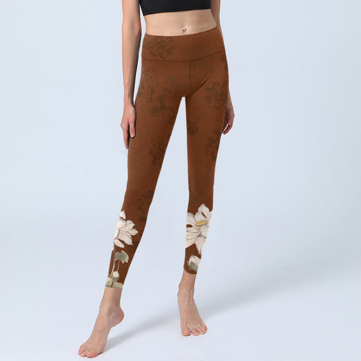 Buddha Stones Braun Weiß Lotus Blume Print Gym Leggings Damen Yoga Hose - image 6