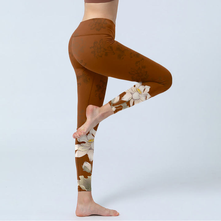 Buddha Stones Braun Weiß Lotus Blume Print Gym Leggings Damen Yoga Hose - image 3