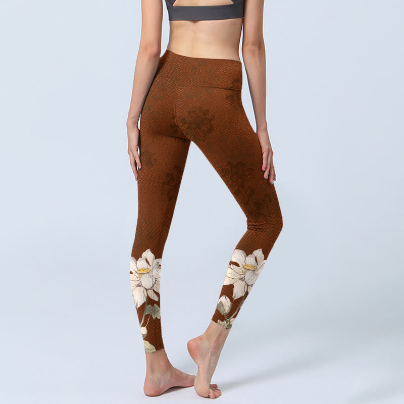 Buddha Stones Braun Weiß Lotus Blume Print Gym Leggings Damen Yoga Hose - image 4