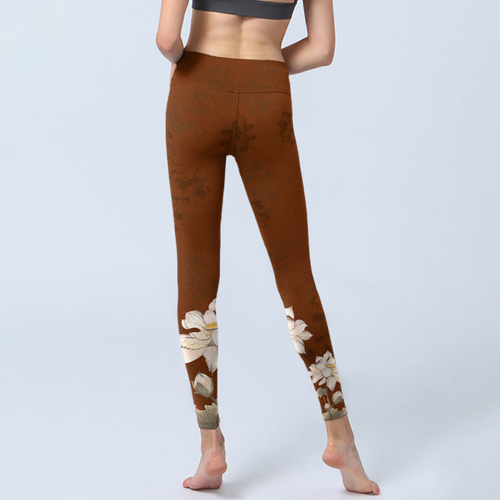 Buddha Stones Braun Weiß Lotus Blume Print Gym Leggings Damen Yoga Hose - image 7