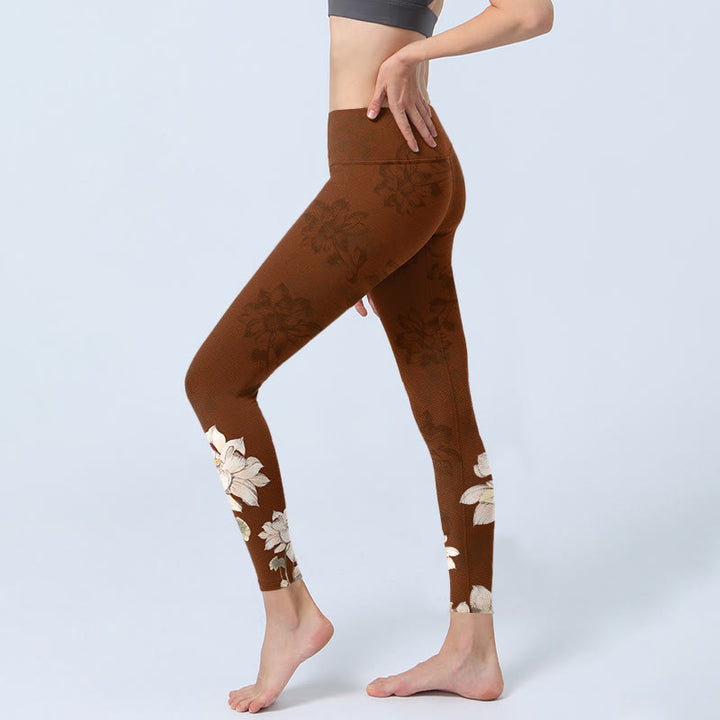 Buddha Stones Braun Weiß Lotus Blume Print Gym Leggings Damen Yoga Hose - image 3