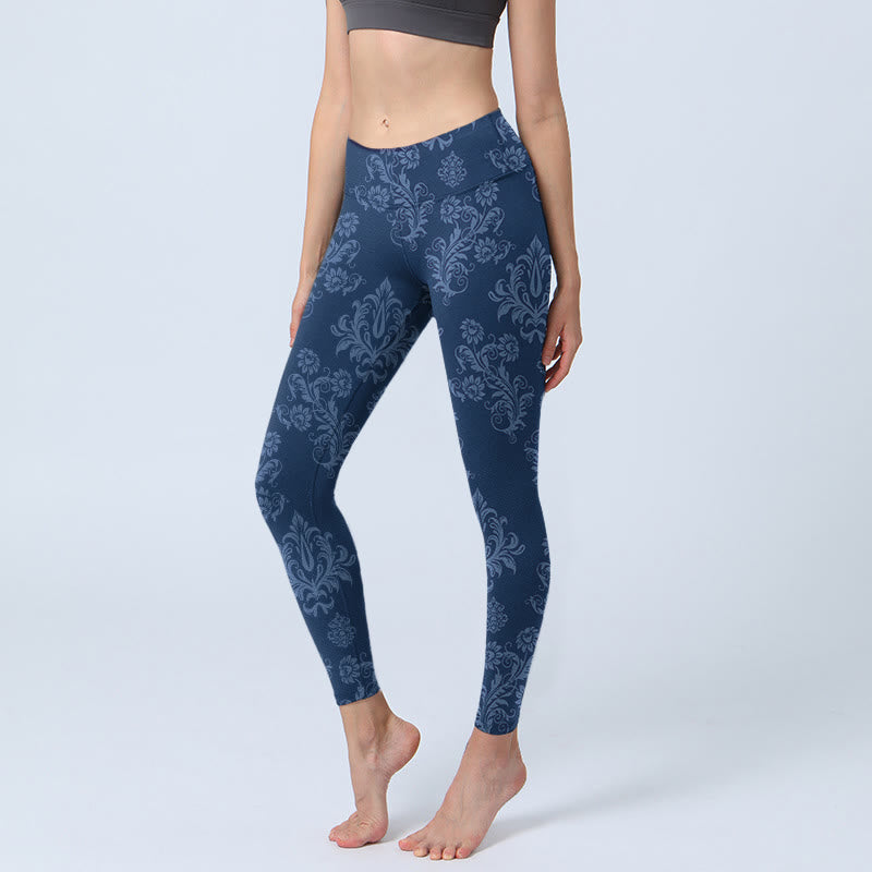 Buddha Stones Blaue Leggings mit Blumen- und Blattdruck für Damen - Stahlblau - US18, UK/AU22,EU50 (4XL) - image 1