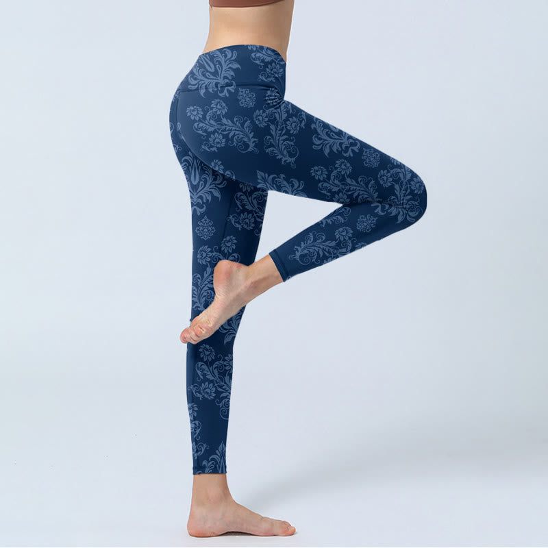 Buddha Stones Blaue Leggings mit Blumen- und Blattdruck für Damen - image 3