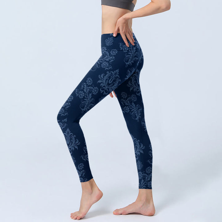 Buddha Stones Blaue Leggings mit Blumen- und Blattdruck für Damen - image 3