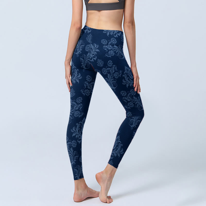 Buddha Stones Blaue Leggings mit Blumen- und Blattdruck für Damen - image 4