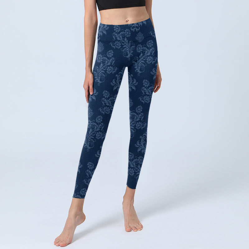Buddha Stones Blaue Leggings mit Blumen- und Blattdruck für Damen - image 5