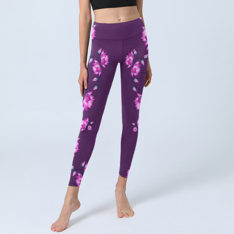 Buddha Stones Lila Rosa Lotusblüten-Druck Gym Leggings Damen Yogahose - image 6