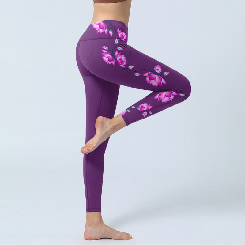 Buddha Stones Lila Rosa Lotusblüten-Druck Gym Leggings Damen Yogahose - image 4