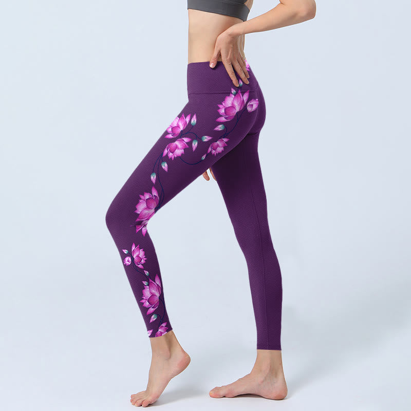 Buddha Stones Lila Rosa Lotusblüten-Druck Gym Leggings Damen Yogahose - image 2