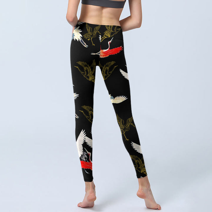 Buddha Stones Weiß Rot Gold Kraniche Print Gym Leggings Damen Yogahose - image 7