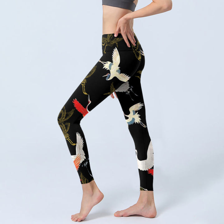 Buddha Stones Weiß Rot Gold Kraniche Print Gym Leggings Damen Yogahose - image 3