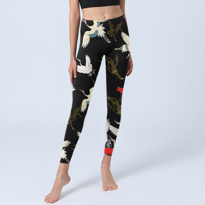 Buddha Stones Weiß Rot Gold Kraniche Print Gym Leggings Damen Yogahose - image 5