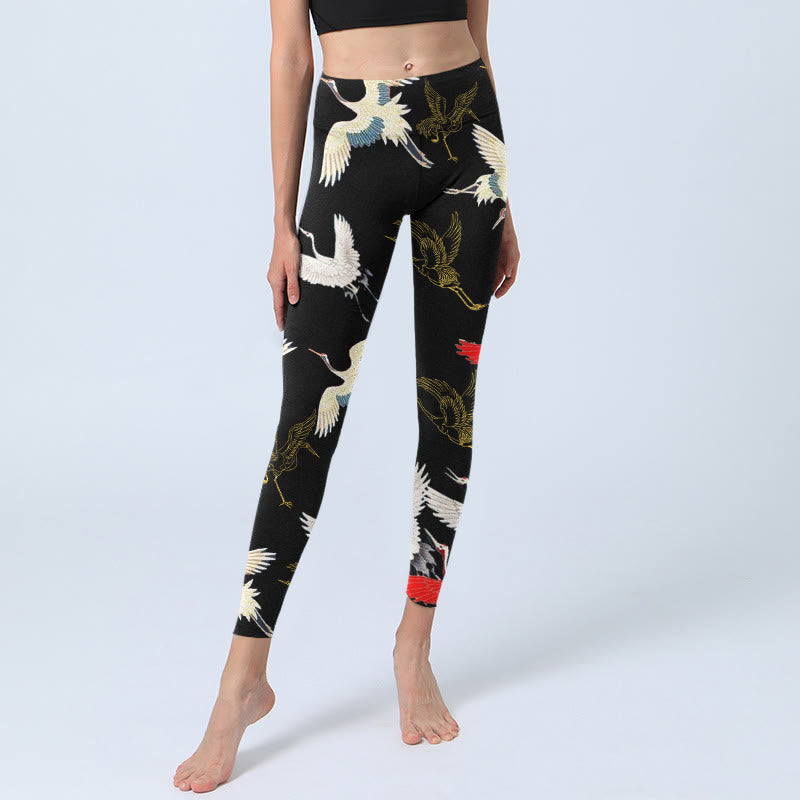 Buddha Stones Weiß Rot Gold Kraniche Print Gym Leggings Damen Yogahose - image 6