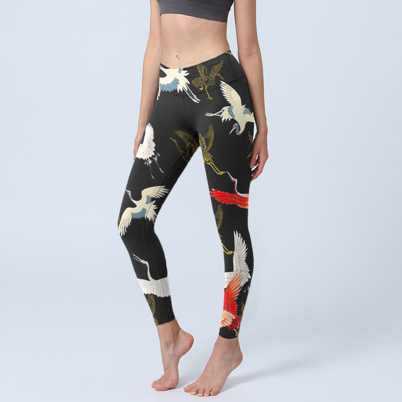 Buddha Stones Weiß Rot Gold Kraniche Print Gym Leggings Damen Yogahose - Schwarz - US18, UK/AU22,EU50 (4XL) - image 1