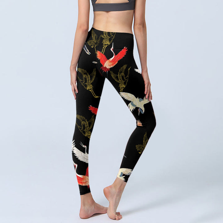 Buddha Stones Weiß Rot Gold Kraniche Print Gym Leggings Damen Yogahose - image 5