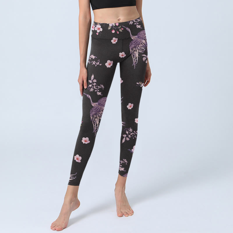 Buddha Stones Rosa Blumen Fliegende Kraniche Print Gym Leggings Damen Yogahose - image 6