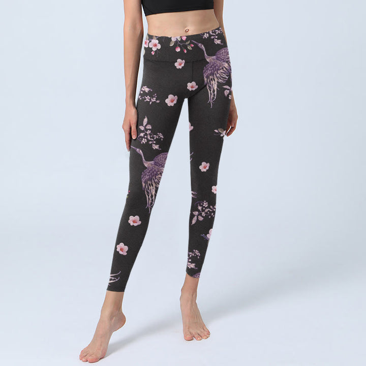 Buddha Stones Rosa Blumen Fliegende Kraniche Print Gym Leggings Damen Yogahose - image 5