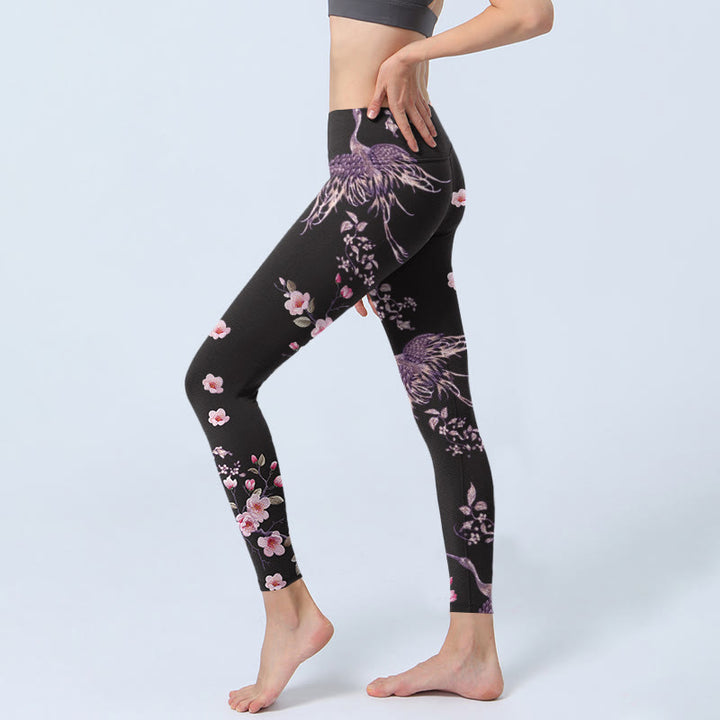 Buddha Stones Rosa Blumen Fliegende Kraniche Print Gym Leggings Damen Yogahose - image 3