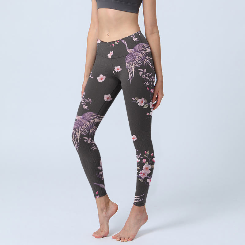 Buddha Stones Rosa Blumen Fliegende Kraniche Print Gym Leggings Damen Yogahose - Schwarz - US18, UK/AU22, EU50 (4XL) - image 0