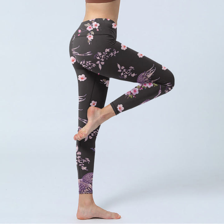 Buddha Stones Rosa Blumen Fliegende Kraniche Print Gym Leggings Damen Yogahose - image 4