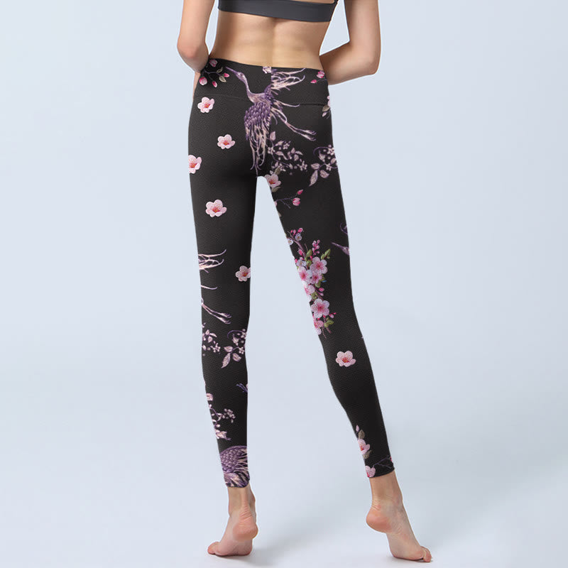 Buddha Stones Rosa Blumen Fliegende Kraniche Print Gym Leggings Damen Yogahose - image 7