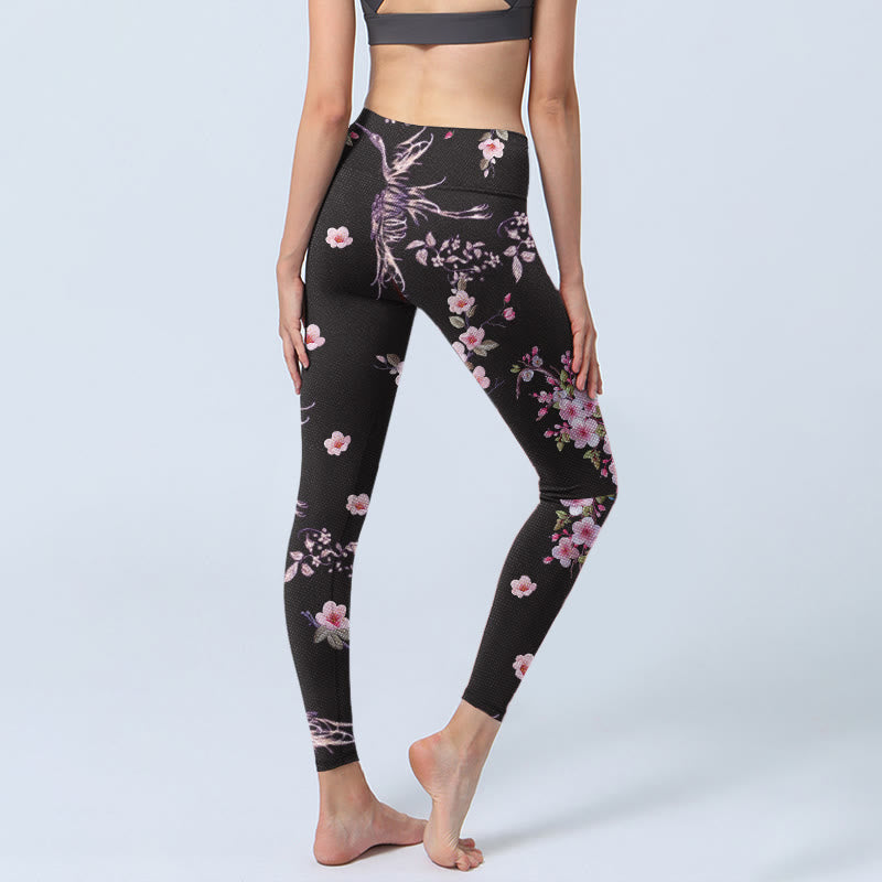 Buddha Stones Rosa Blumen Fliegende Kraniche Print Gym Leggings Damen Yogahose - image 4