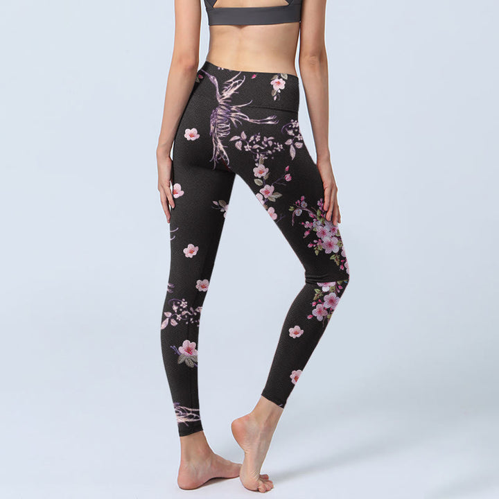 Buddha Stones Rosa Blumen Fliegende Kraniche Print Gym Leggings Damen Yogahose - image 4