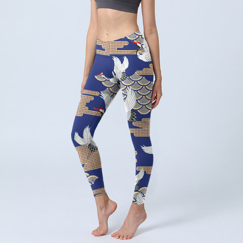Buddha Stones, Mandschurenkraniche, fächerförmige, glückverheißende Wolken, Print, Gym-Leggings, Damen-Yogahose - Königsblau - US18, UK/AU22, EU50 (4XL) - image 0