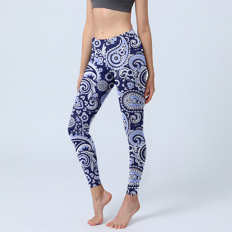 Buddha Stones Lila Blau Cashew Blumendruck Gym Leggings Damen Yogahose - Mittelschieferblau - US18, UK/AU22, EU50 (4XL) - image 0
