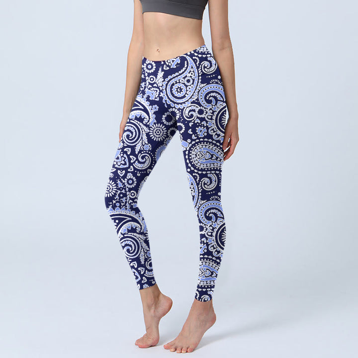 Buddha Stones Lila Blau Cashew Blumendruck Gym Leggings Damen Yogahose - Mittelschieferblau - US18, UK/AU22, EU50 (4XL) - image 0