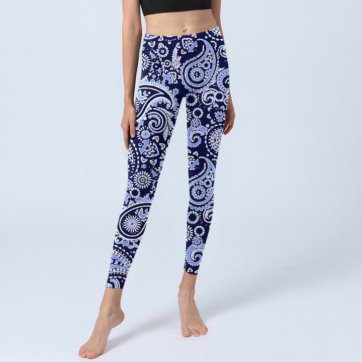 Buddha Stones Lila Blau Cashew Blumendruck Gym Leggings Damen Yogahose - image 5