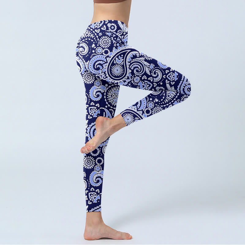 Buddha Stones Lila Blau Cashew Blumendruck Gym Leggings Damen Yogahose - image 4
