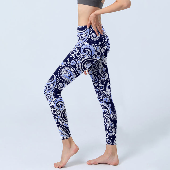 Buddha Stones Lila Blau Cashew Blumendruck Gym Leggings Damen Yogahose - image 3