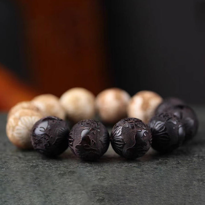 Armband mit Buddha Stones, Ebenholz, Kampferholz, Yin Yang, Ochsengravur, Peace - image 3